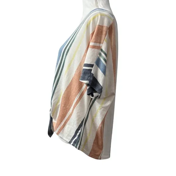 Casual Chic Multicolor Striped Short Sleeve Y2K Button Front Tie Hem Blouse 2X - Picture 2 of 10